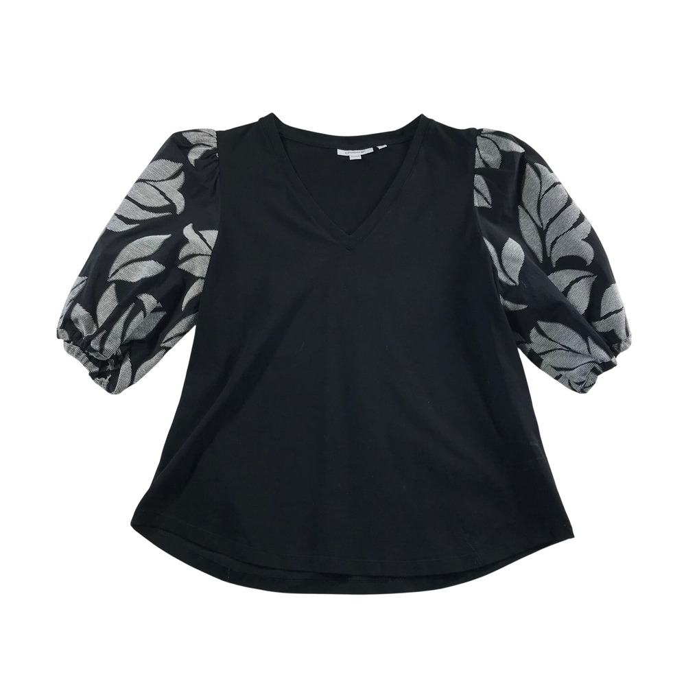 Chico's Black Mixed Media V-Neck Top Leaf Jacquard Puff Sleeve Size 1 M